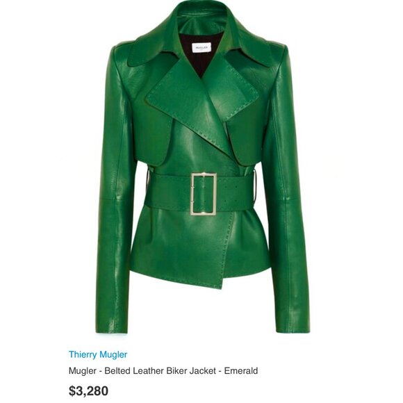 Mugler - Belted Leather Biker Jacket - Emerald Size 38 FR, 6-8 US - Picture 4 of 12